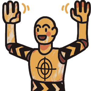 a figure from the waist up, raising their arms above their head and wiggling their fingers. They are an avatar of the Stranger. they are a crash dummy with ball sockets, stiffly positioned to mimic the others. They are painted yellow but have chipped paint in places.
